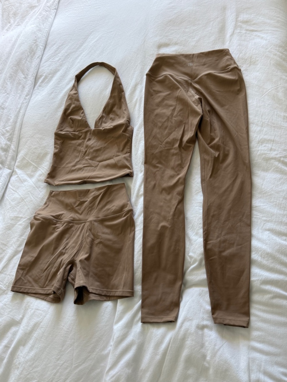 CSB Toffee Activewear: Halter Top, High-Waist Shorts & Leggings Set - Brown